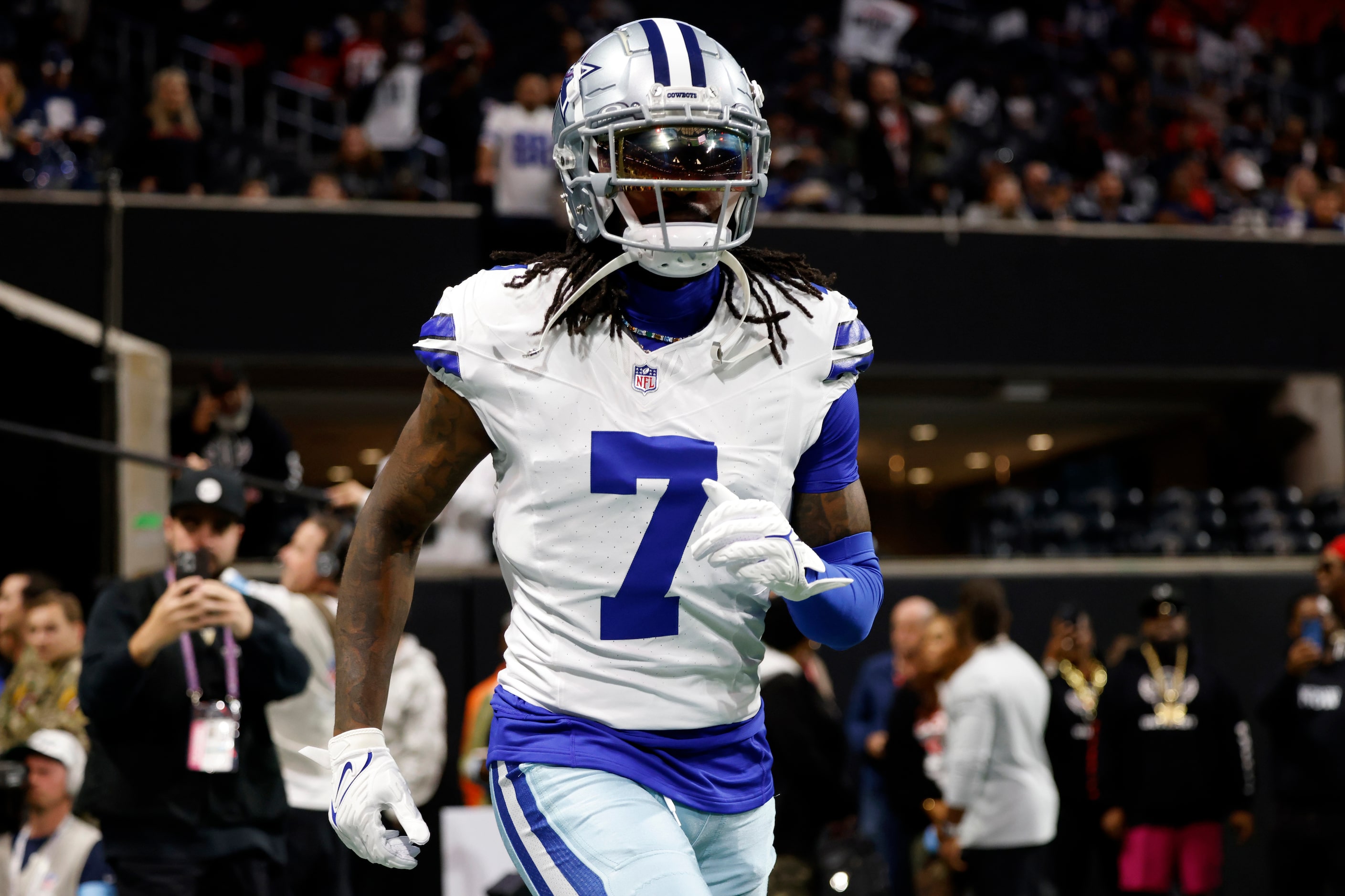 Dallas Cowboys cornerback Trevon Diggs (7) runs onto the field before a game against the...