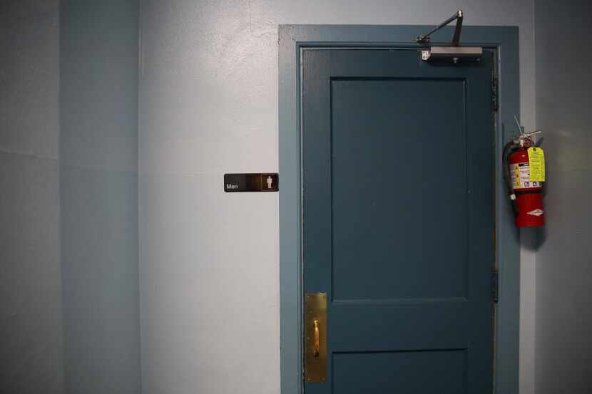 The entrance to a men's restroom in the lone school in Harrold ISD in Harrold, Texas Friday...