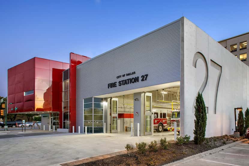 Distinctive concrete numerals animate Dallas Fire Station 27.