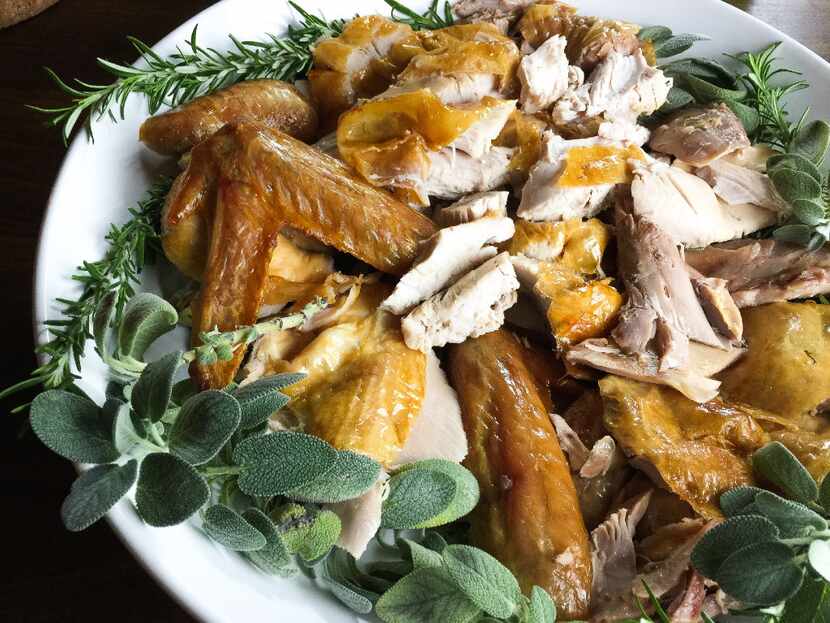 Carved dry-brined roast turkey