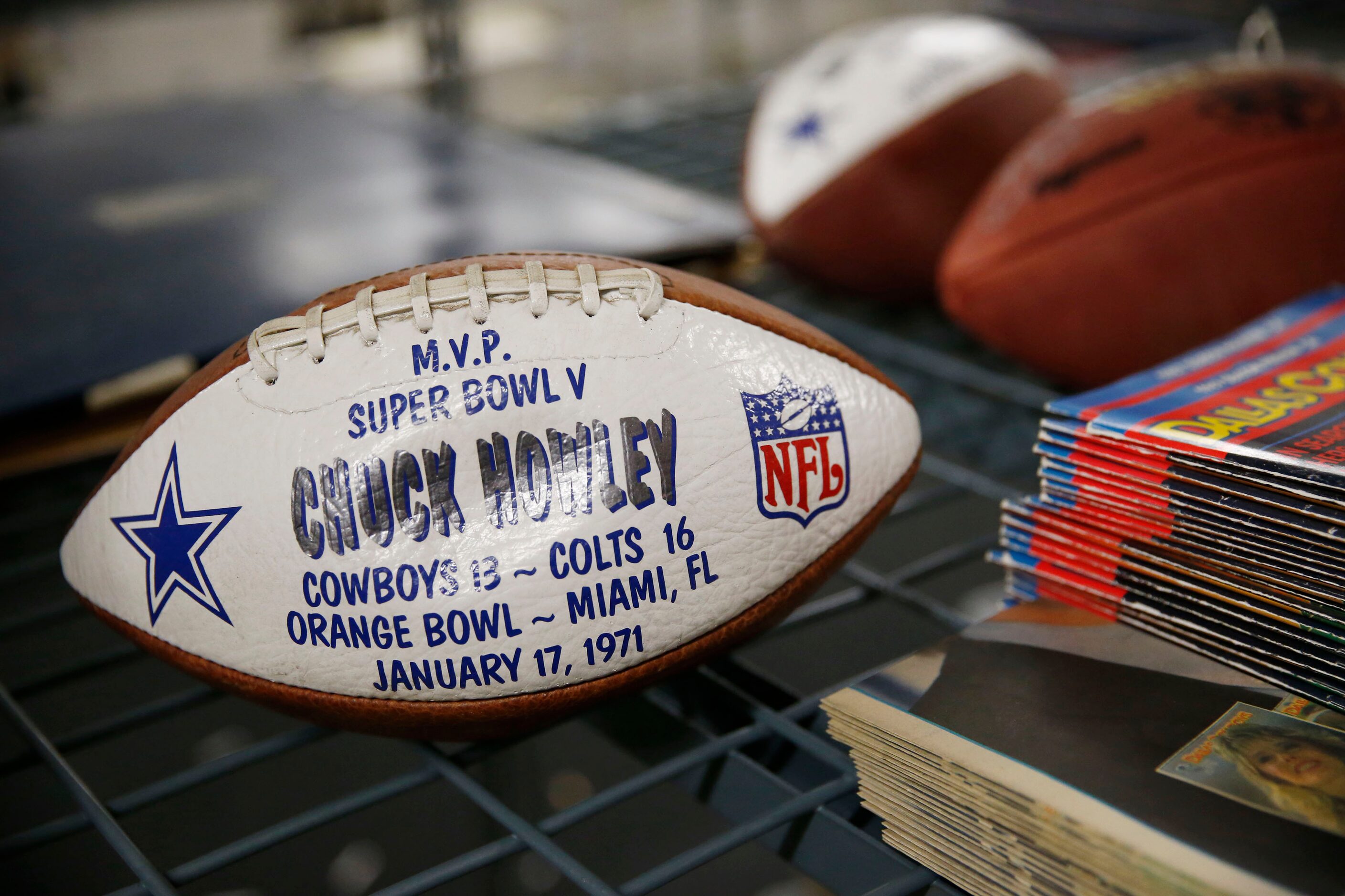 A football commemorating former Dallas Cowboys linebacker Chuck Howley being awarded the...