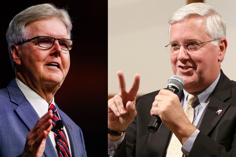 Left: Texas Lieutenant Governor Dan Patrick at the 2022 Republican State Convention on...
