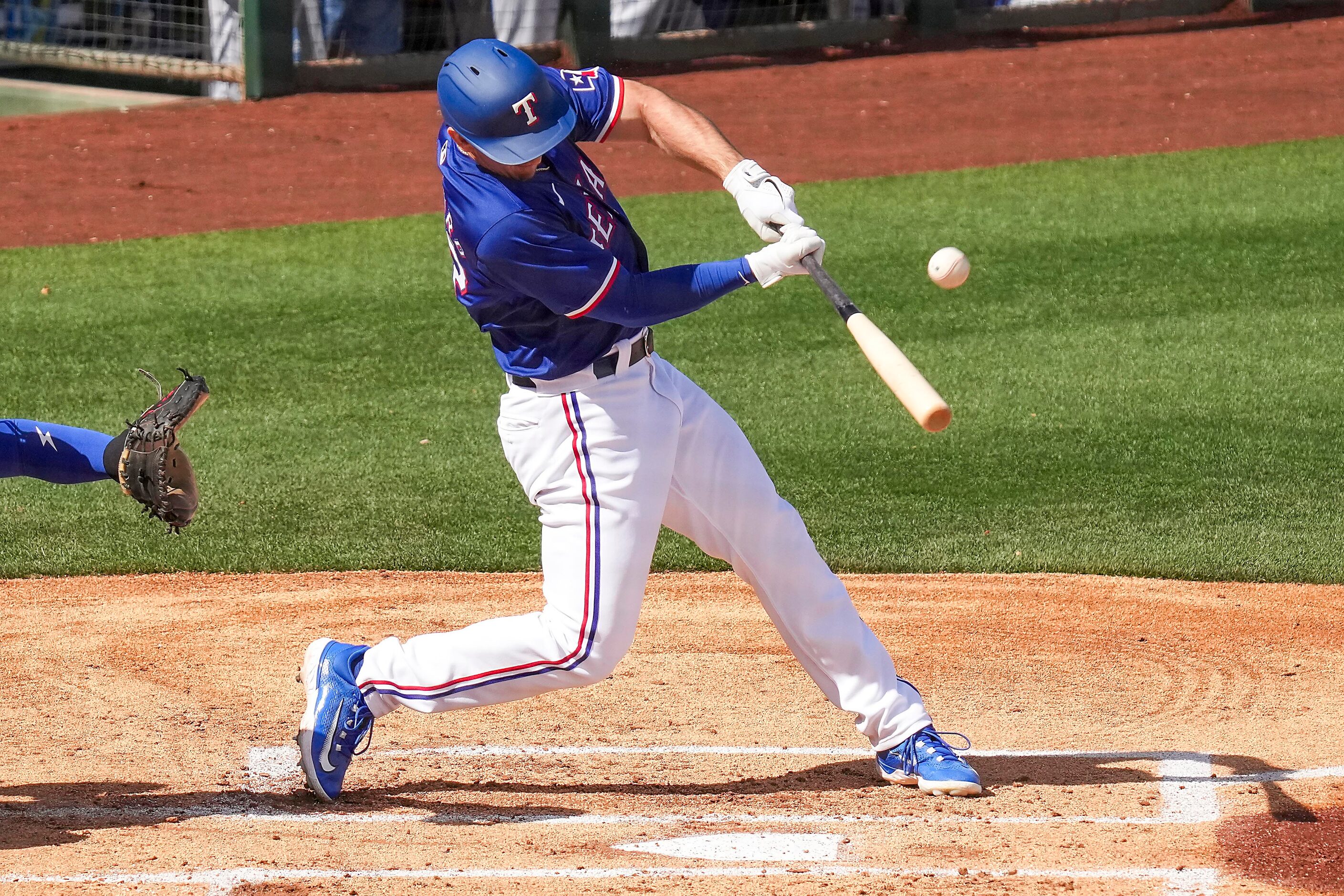 Texas Rangers outfielder Wyatt Langford bats during the first inning against the Kansas City...