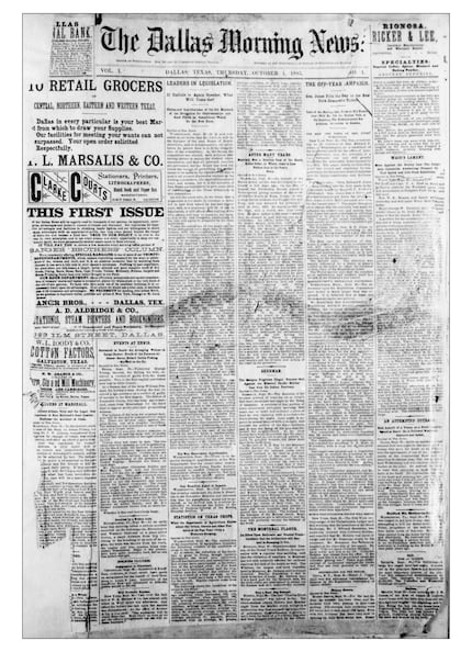 The front page of  the first issue of The Dallas Morning News on Oct. 1, 1885. 