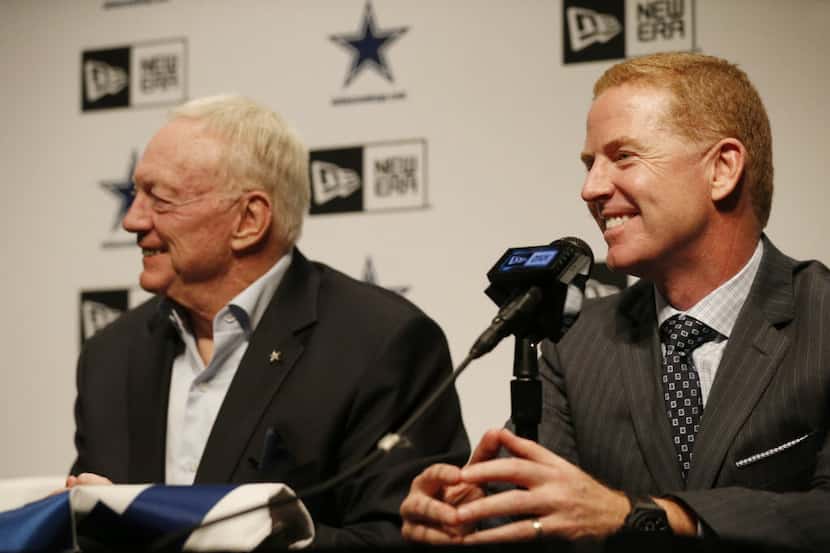 Dallas Cowboys owner Jerry Jones (left) and head coach Jason Garrett (right) answer...