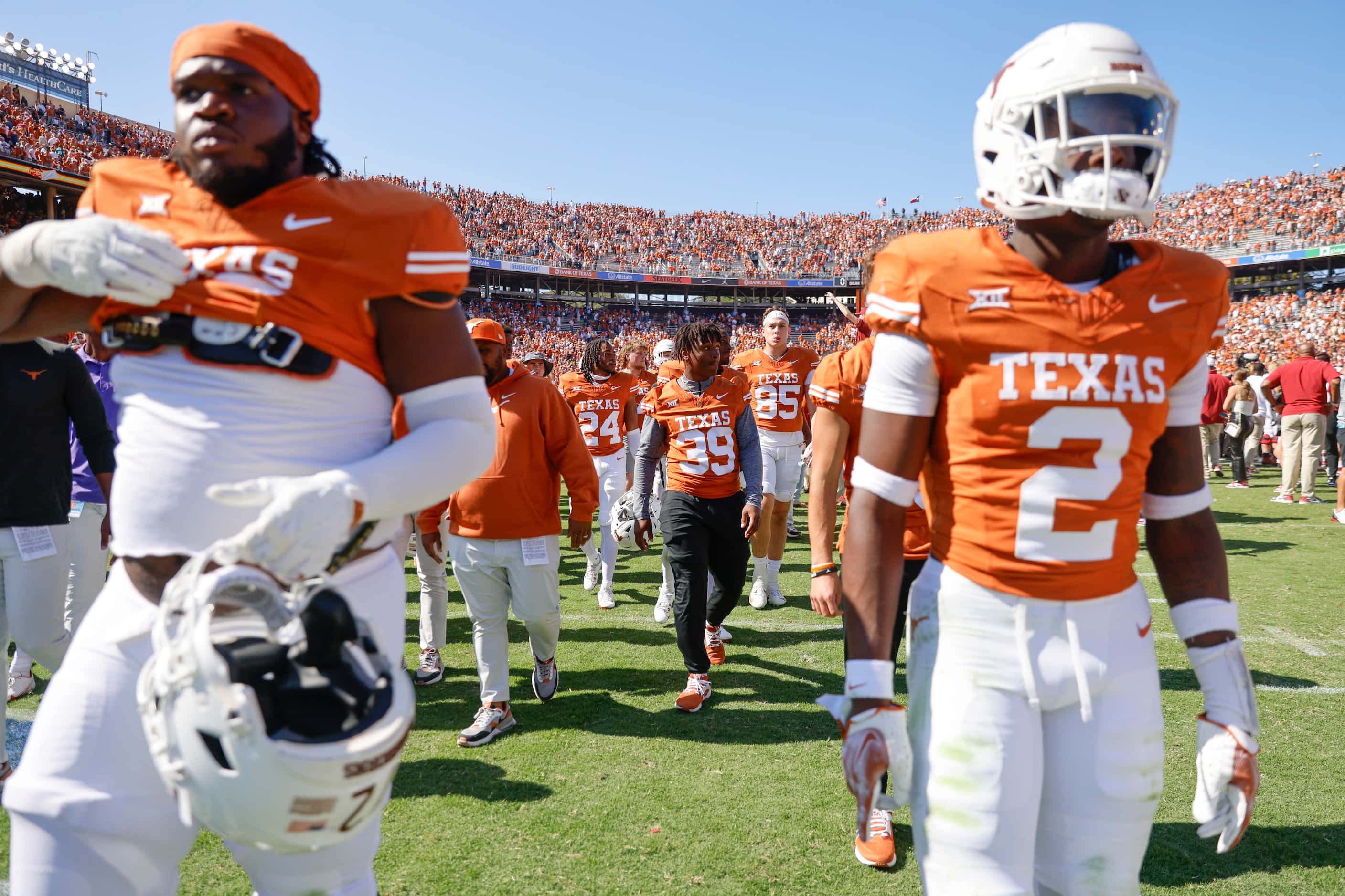Texas players leave the field after losing against Oklahoma during the Red River Rivalry at...