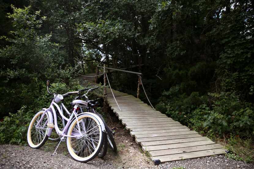 Bicycles are parked by the walkway leading to the Bare Creek Treehouse at Savannah's Meadow
