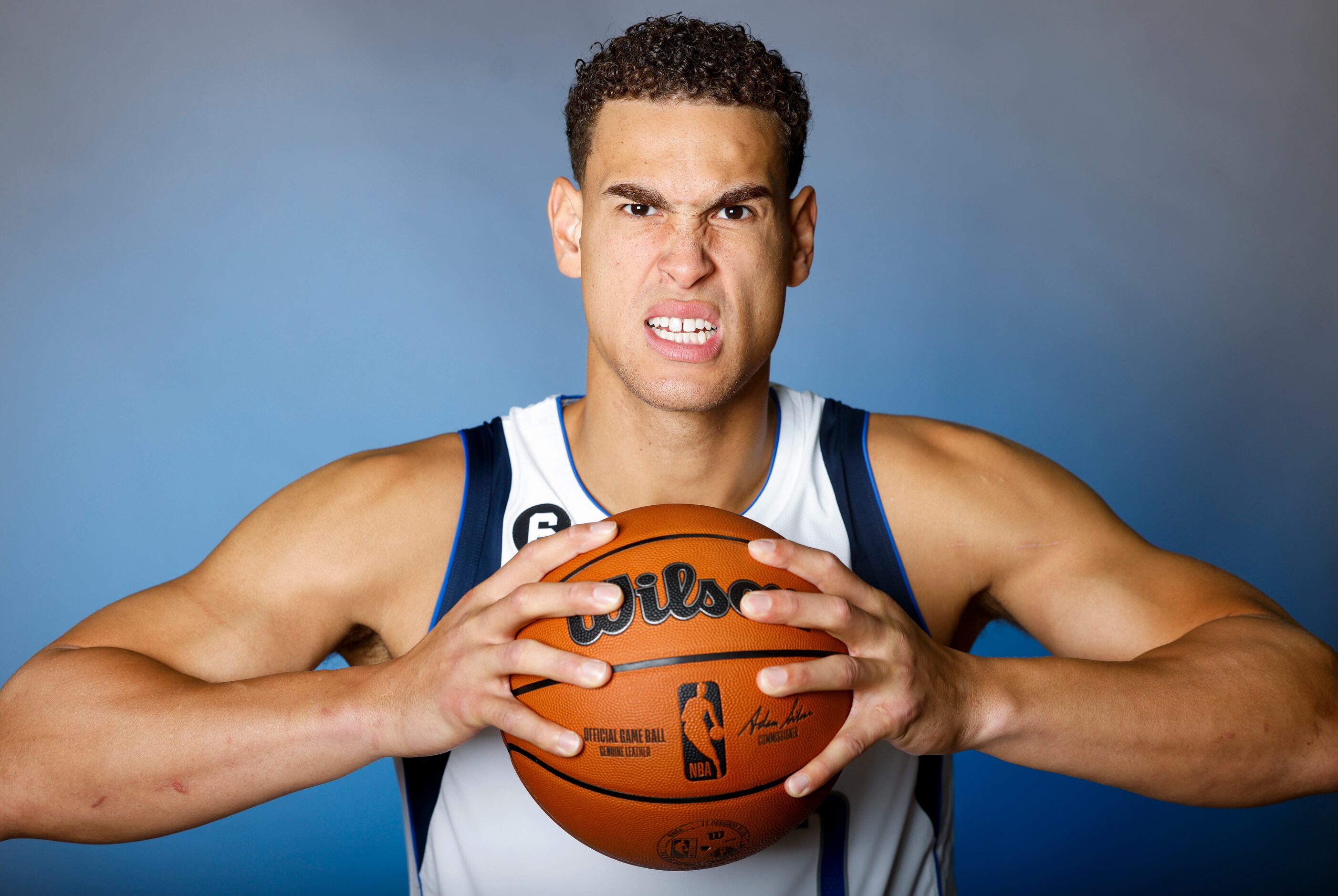 Dallas Mavericks’ Dwight Powell is photographed during the media day at American Airlines...