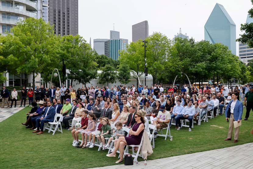 People gather at Klyde Warren Park for the unveiling of the Dallas USL Super League women’s...