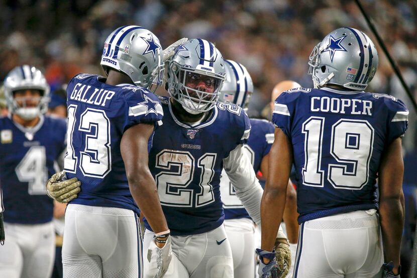 FILE — Dallas Cowboys wide receiver Michael Gallup (13) celebrates scoring a touchdown with...