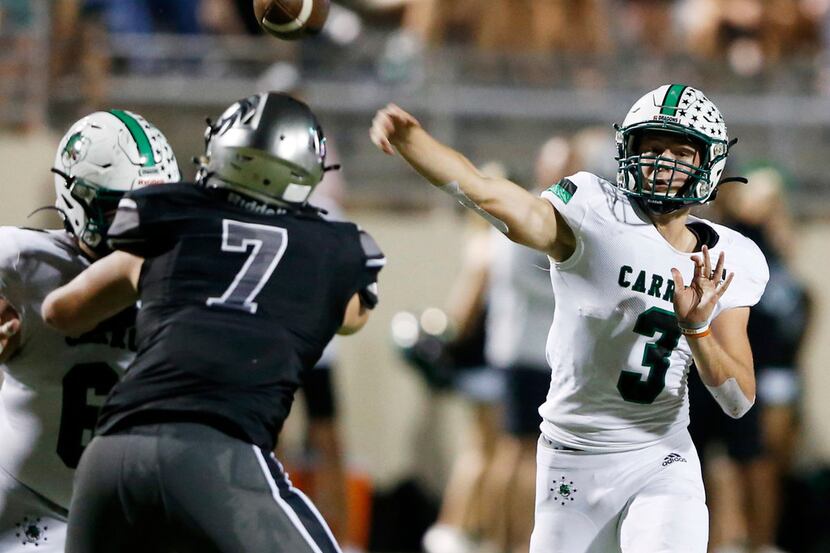 Southlake Carroll's Quinn Ewers (3) throws a pass against Denton Guyer during a game on...