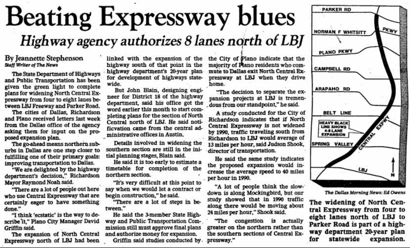 Article published Sept. 29, 1981, in regards to North Central Expressway expansion.