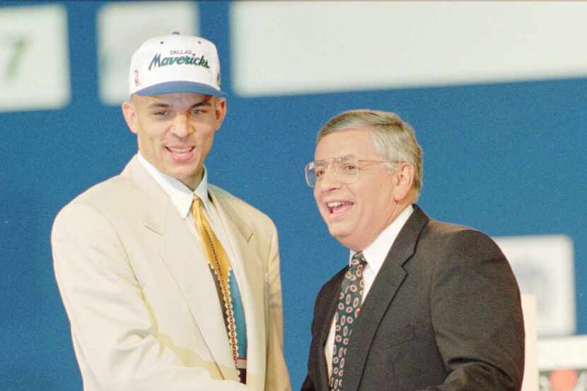 Jason Kidd of California is congratulated by NBA  Commissioner David Stern at the Hoosier...