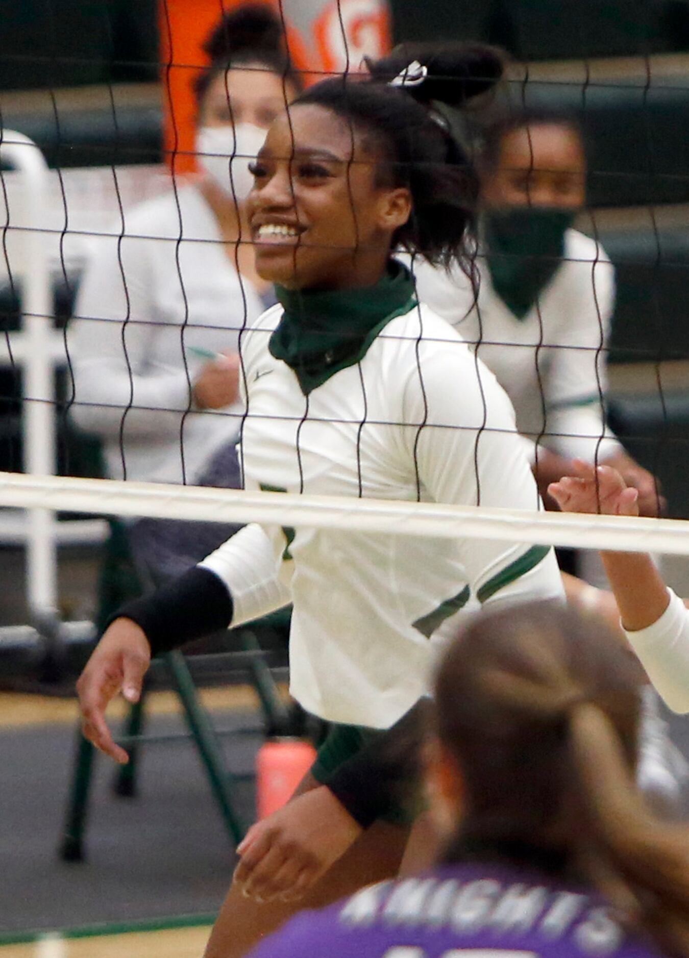 Frisco Lebanon Trail's Tyrah Ariail (7) was all smiles after scoring during the first set of...