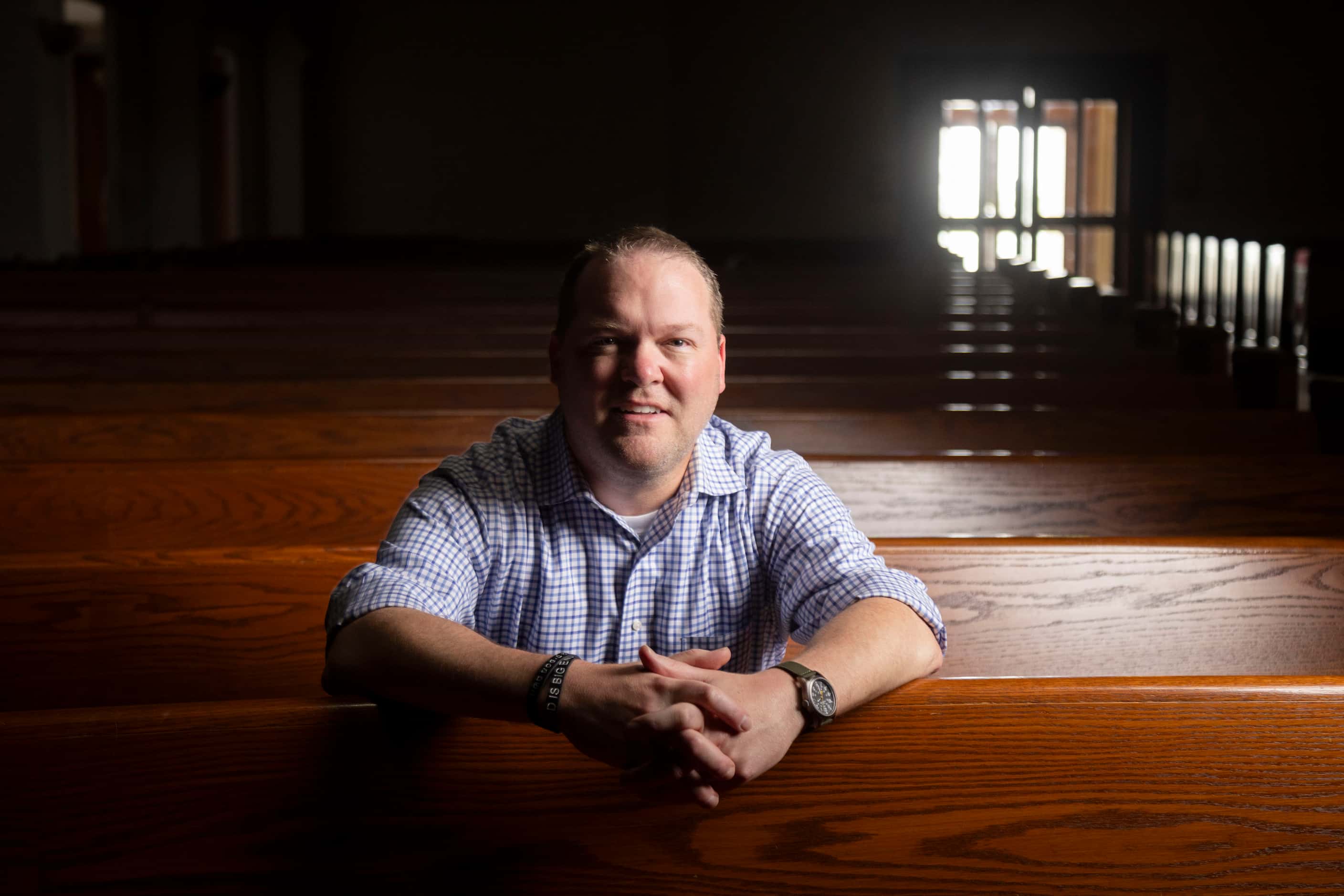 Co-pastor Todd Renner poses for a photo in the sanctuary  at White’s Chapel Church on...