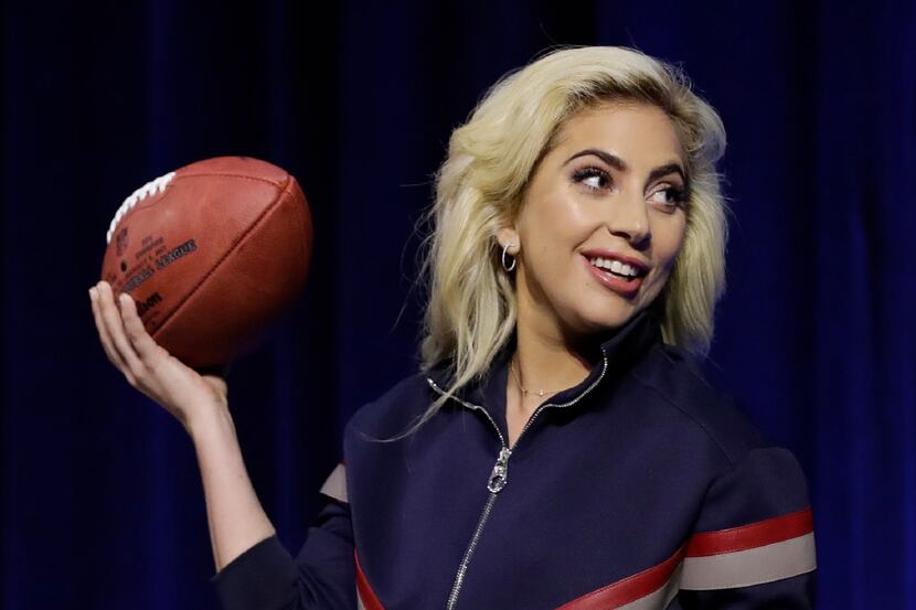 Lady Gaga answers questions at a news conference for the NFL Super Bowl 51 football game...