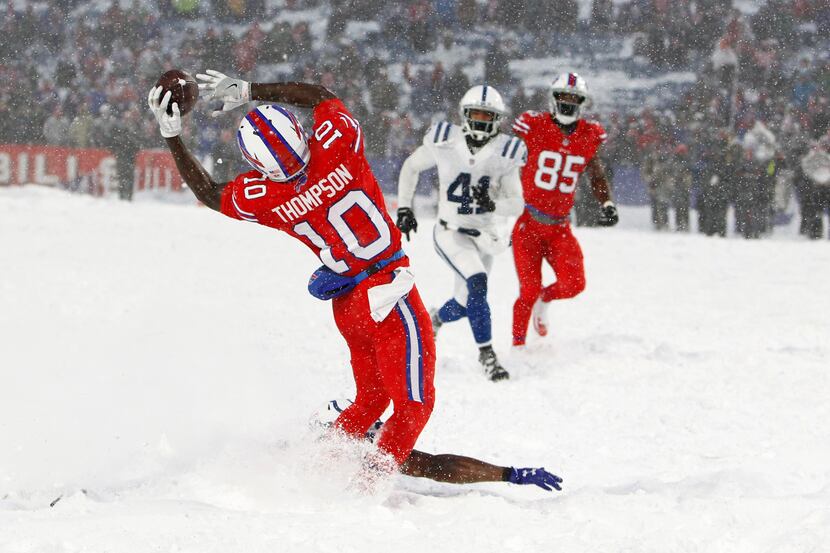 Buffalo Bills wide receiver Deonte Thompson makes a catch during the overtime of an NFL...