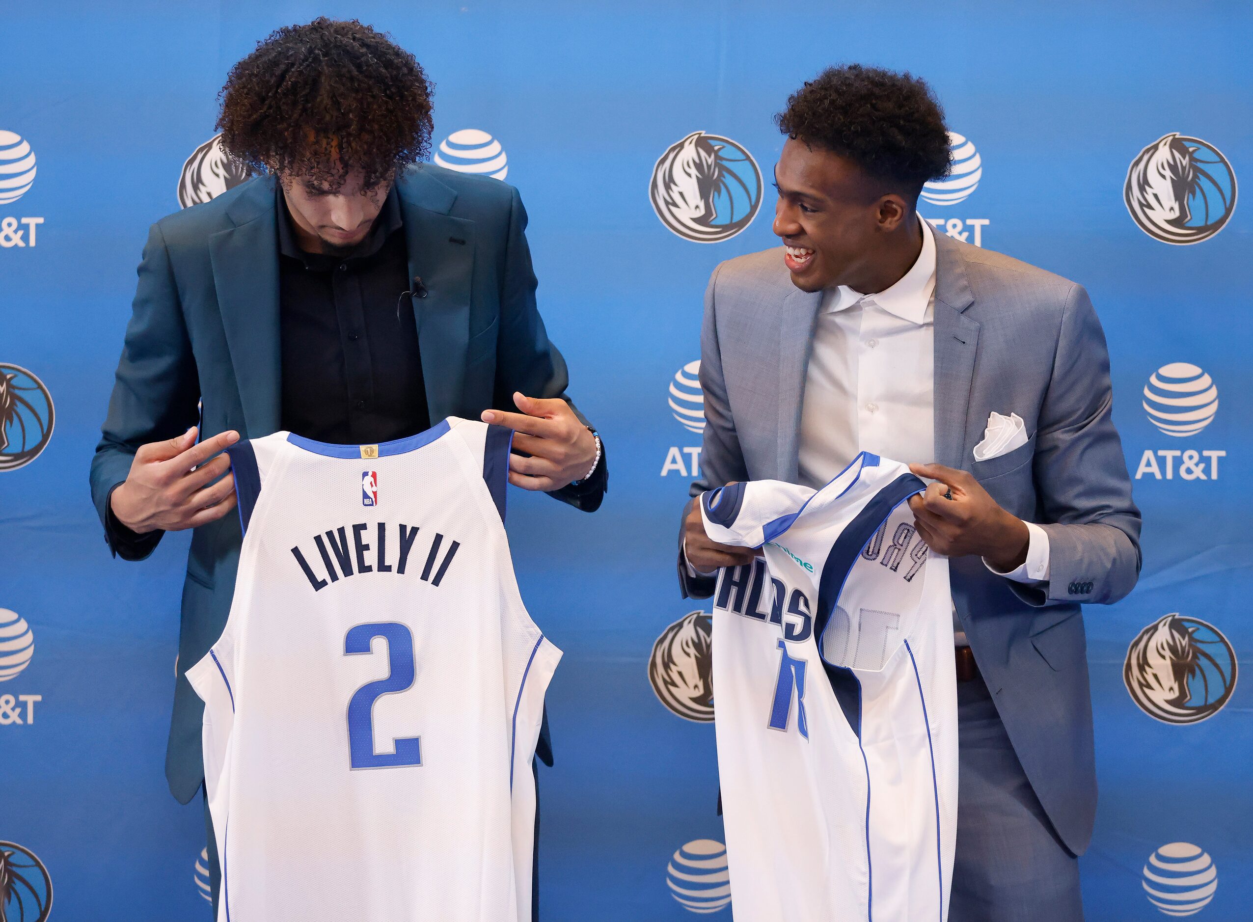 Newly drafted Dallas Mavericks players Dereck Lively II of Duke and Olivier-Maxence Prosper...