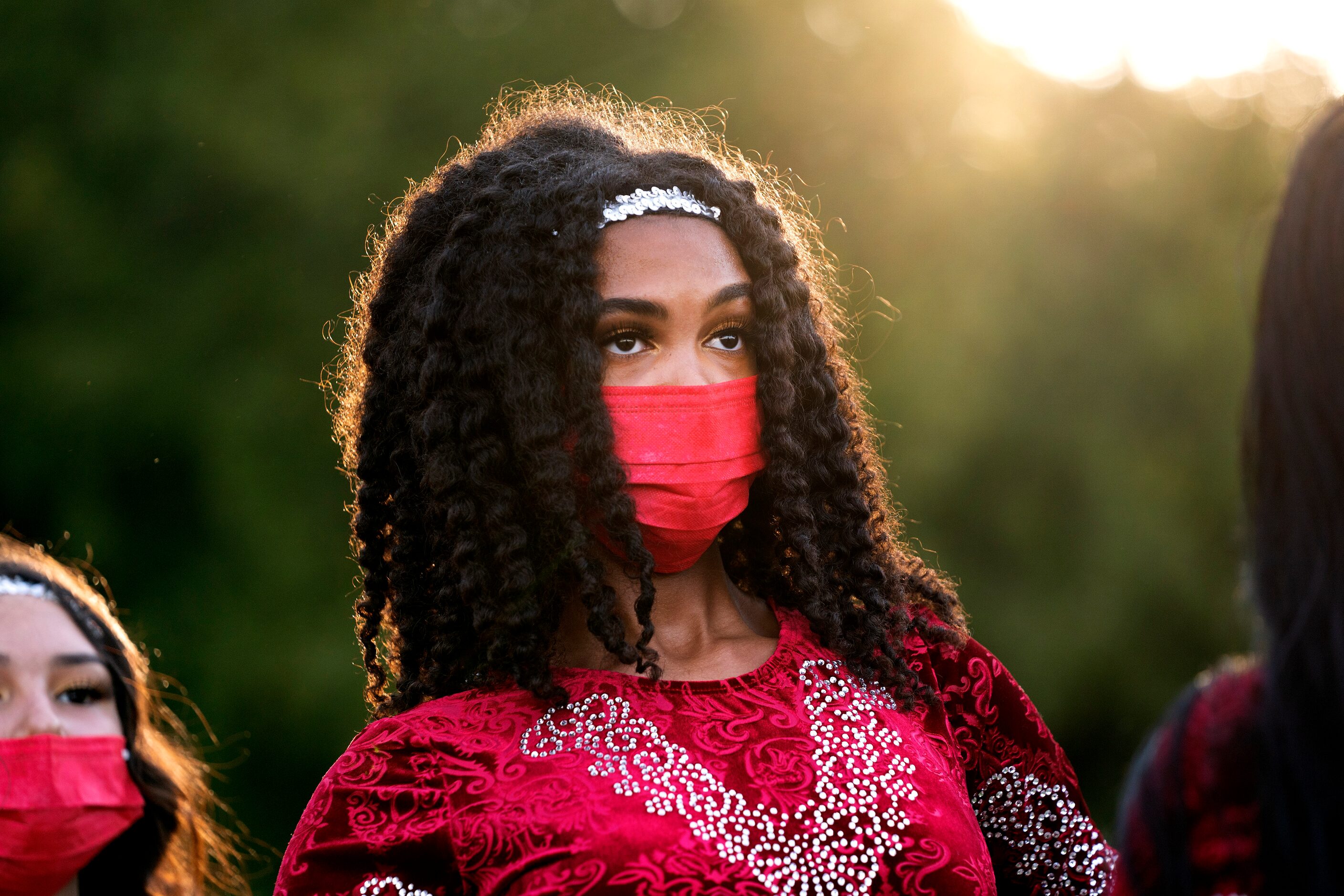 Mekiah Nickerson, a member of Skyline’s Silhouettes dance team enters the stadium before a...