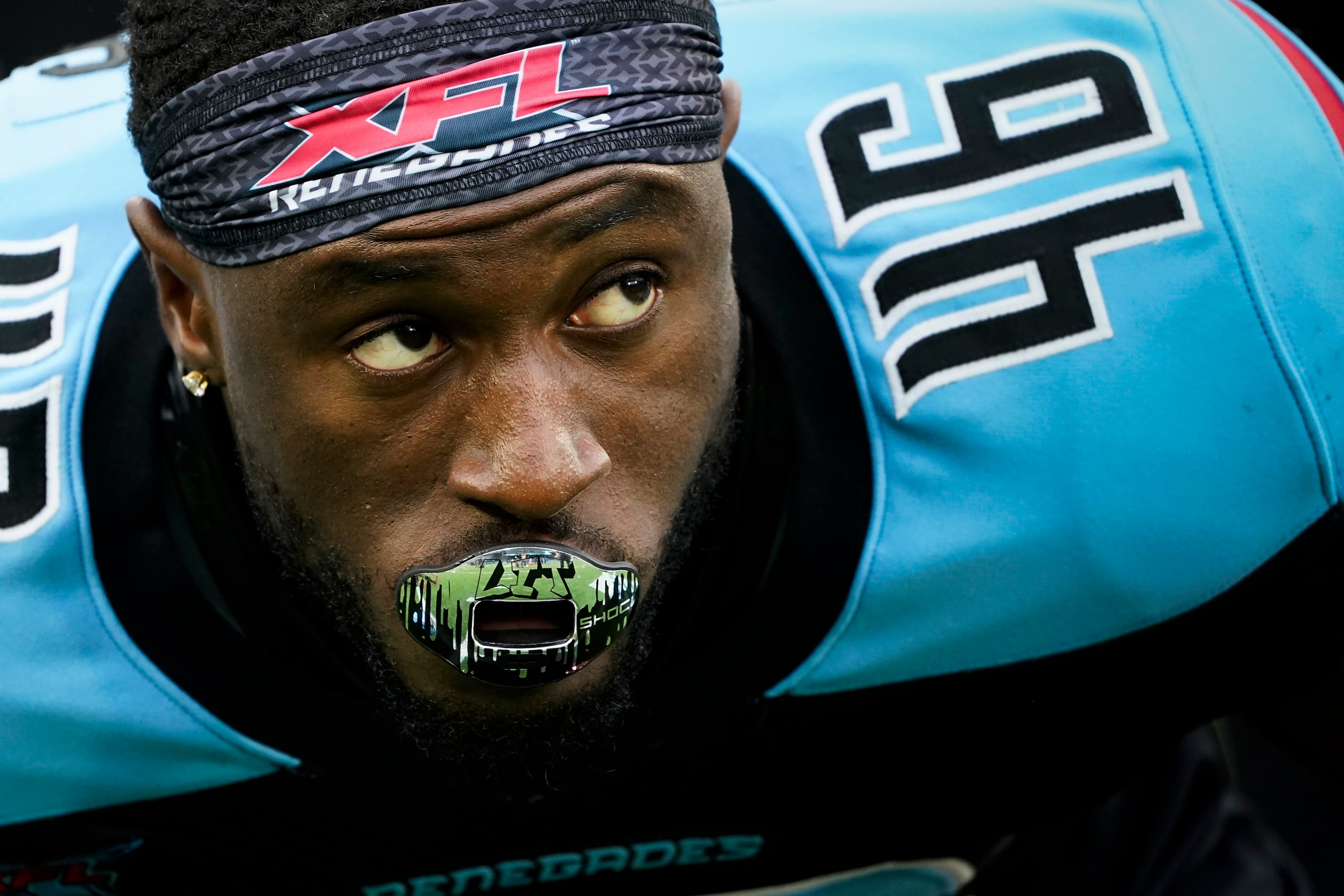 Dallas Renegades linebacker Tegray Scales (46) stretches before an XFL football game against...