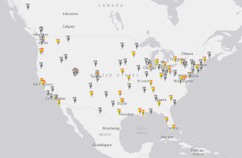 A map displaying fine-free libraries across North America. The yellow arrows are members of...