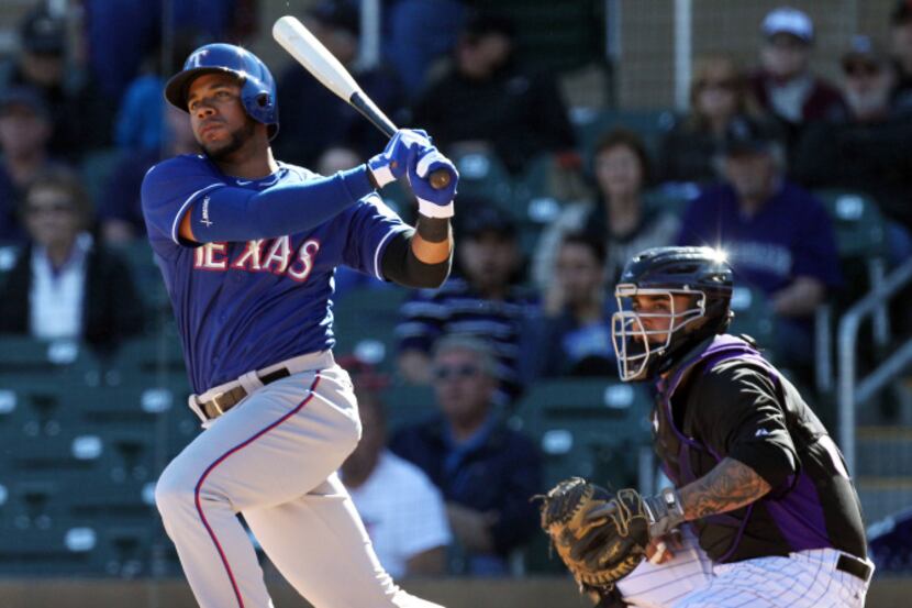 Texas shortstop Elvis Andrus takes a swing during the Texas Rangers vs. the Colorado Rockies...