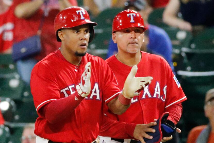 Texas Rangers left fielder Carlos Gomez (14) is pictured during the Los Angeles Angels vs....