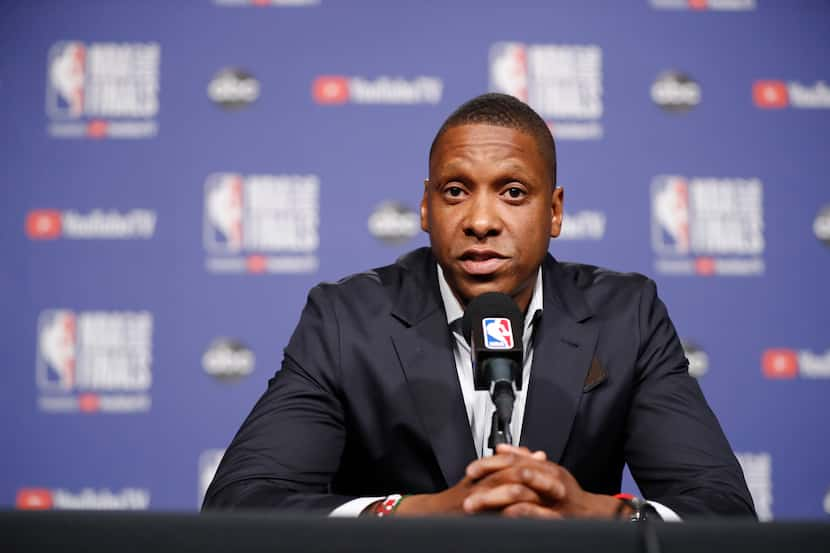 TORONTO, ON -  MAY 29: President Masai Ujiri of the Toronto Raptors addresses the media...