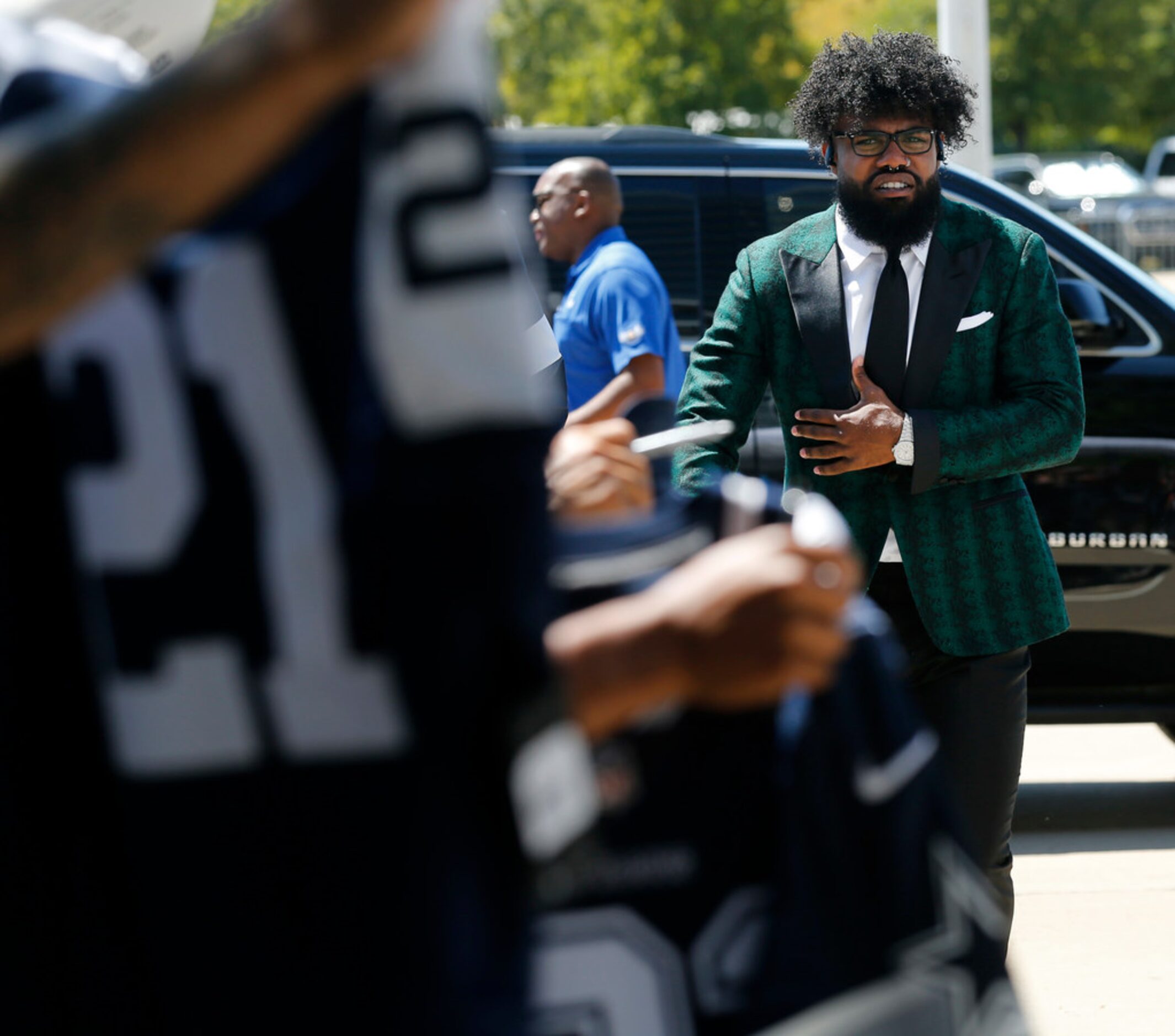 Dallas Cowboys running back Ezekiel Elliott arrives at AT&T Stadium in Arlington, Texas for...