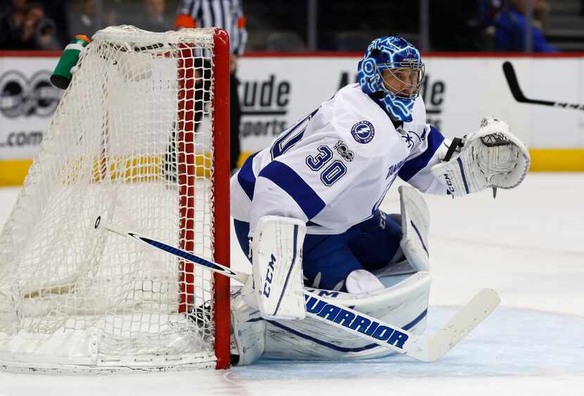 Tampa Bay Lightning goalie Ben Bishop (30) in the first period of an NHL hockey game Sunday,...
