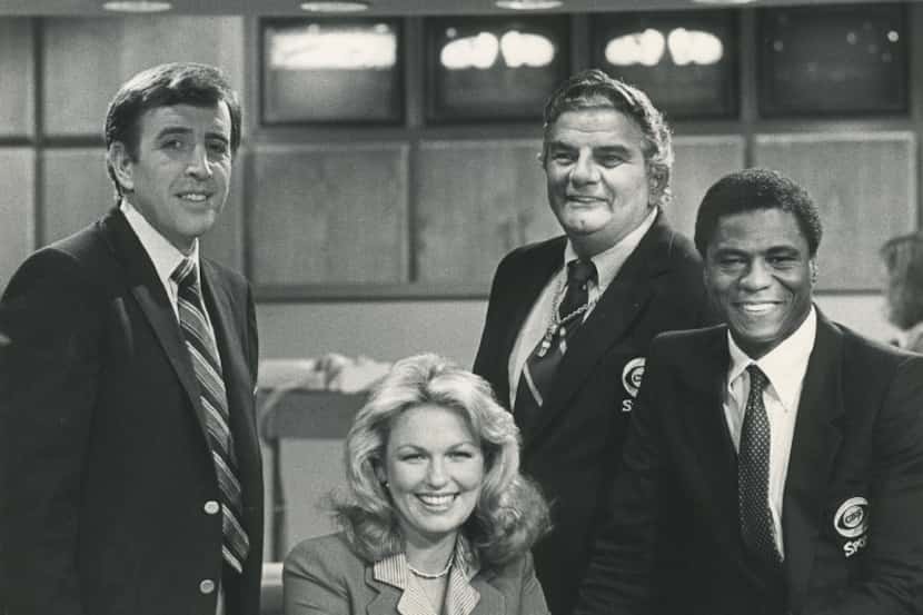NFL Today crew in 1976, from left: host Brent Musburger, reporter Phyllis George, Jimmy "The...