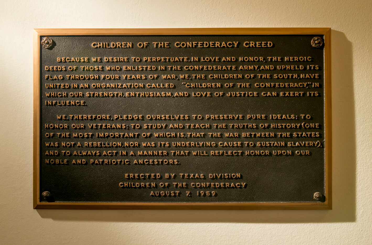 The "Children of the Confederacy Creed" plaque at the Capitol on Thursday August 17, 2017. 