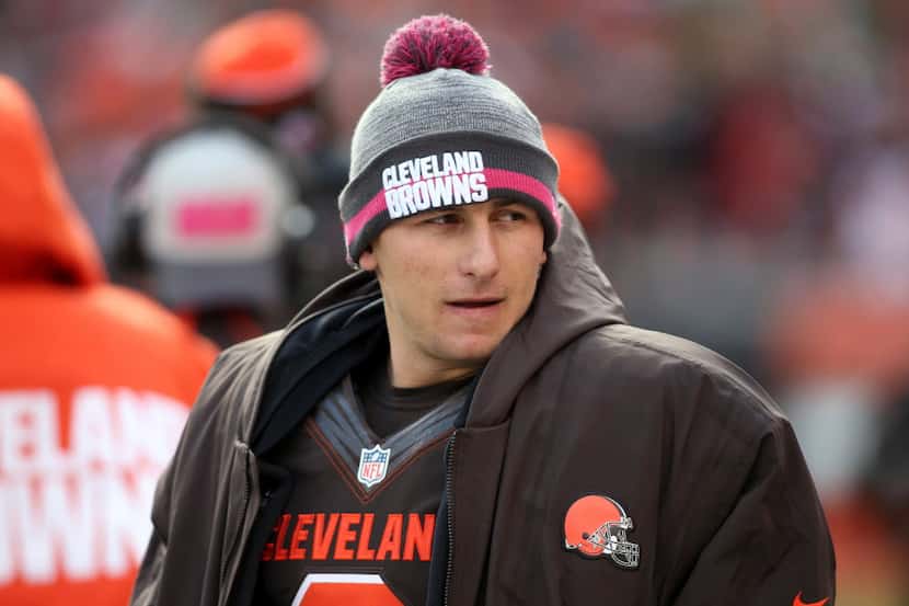  In this Sunday, Oct. 18, 2015, photo Cleveland Browns quarterback Johnny Manziel watches on...