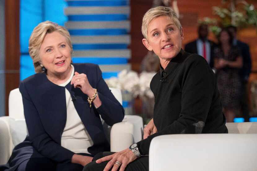 Democratic presidential candidate Hillary Clinton sat with Ellen Degeneres during a...