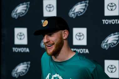 Philadelphia Eagles' Carson Wentz speaks during a news conference at the NFL football team's...