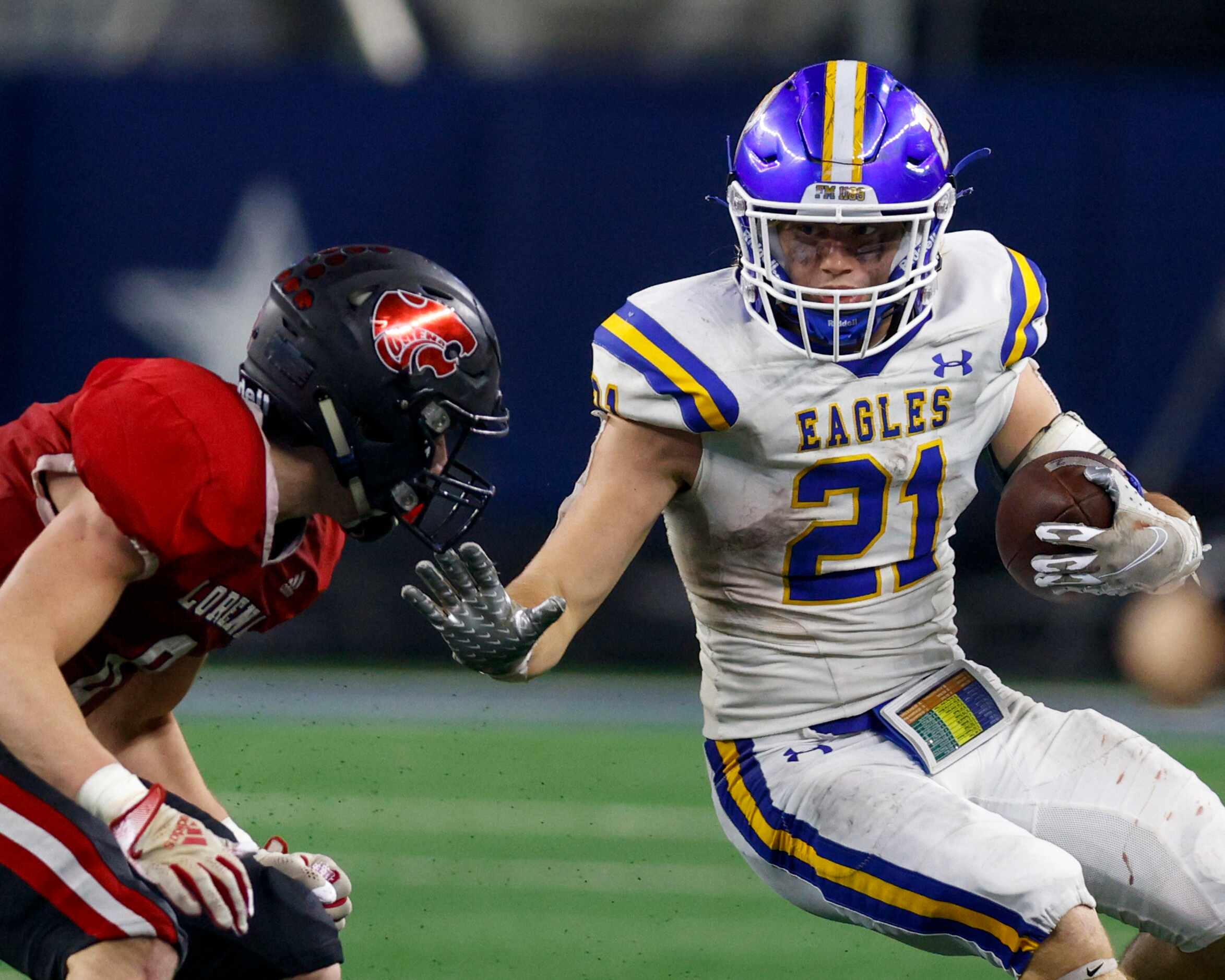 Brock running back Kutter Wilson (21) looks to stiff arm Lorena defensive back Colton Dale...