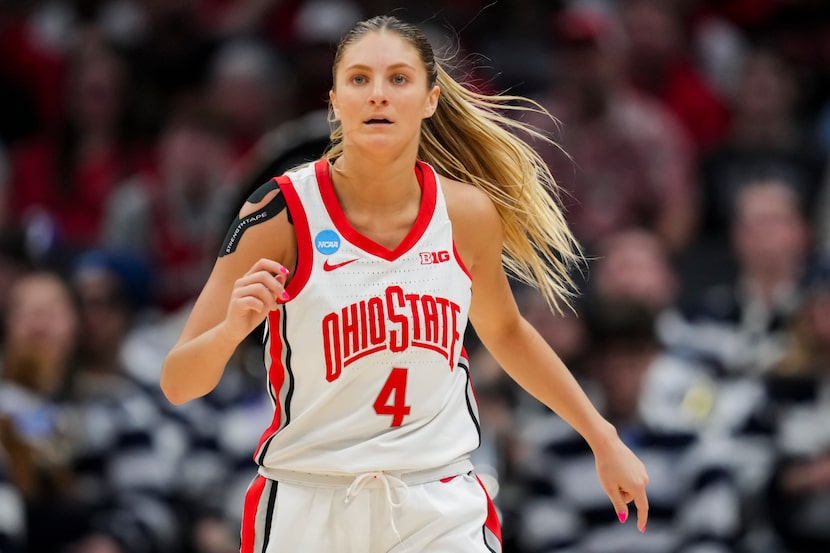 Ohio State guard Jacy Sheldon (4) runs down the court during a first-round college...