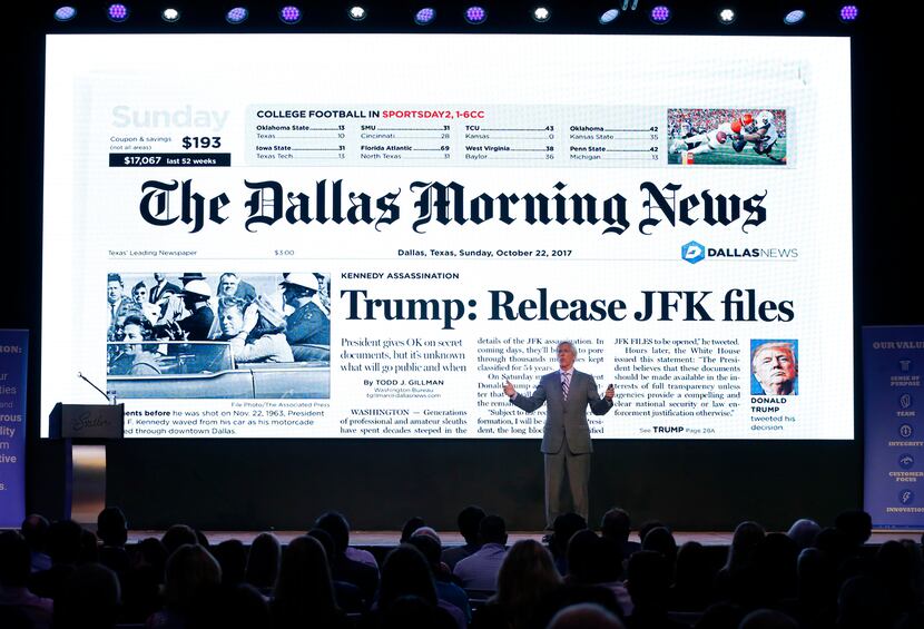 Jim Moroney addressed Dallas Morning News employees at the Statler Hotel in downtown Dallas...