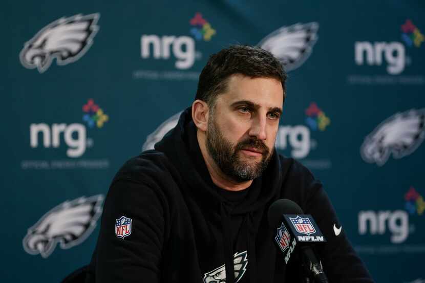 Philadelphia Eagles head coach Nick Sirianni answers questions during a news conference...