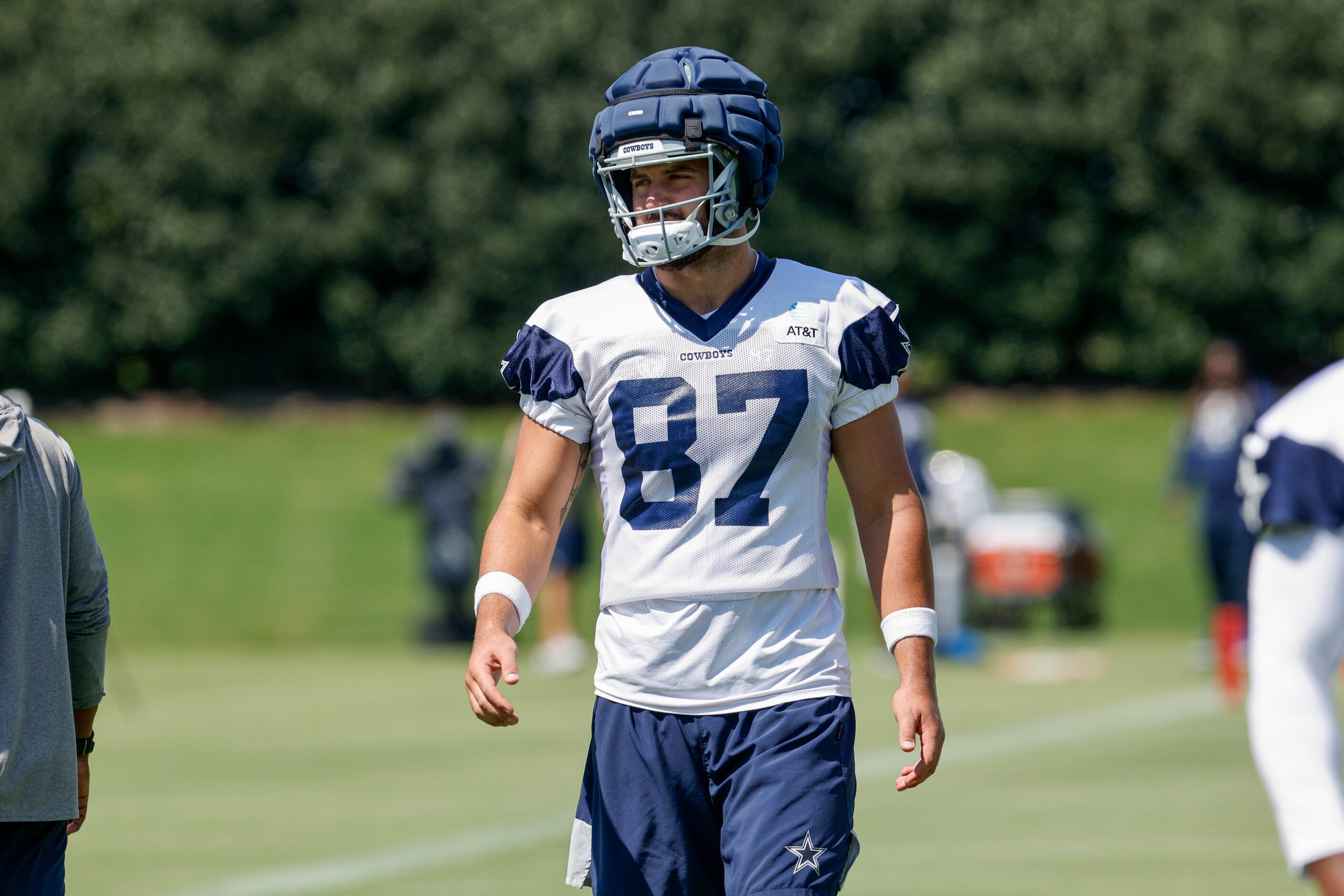 Dallas Cowboys tight end Jake Ferguson (87) watches a drill during a practice at The Star,...