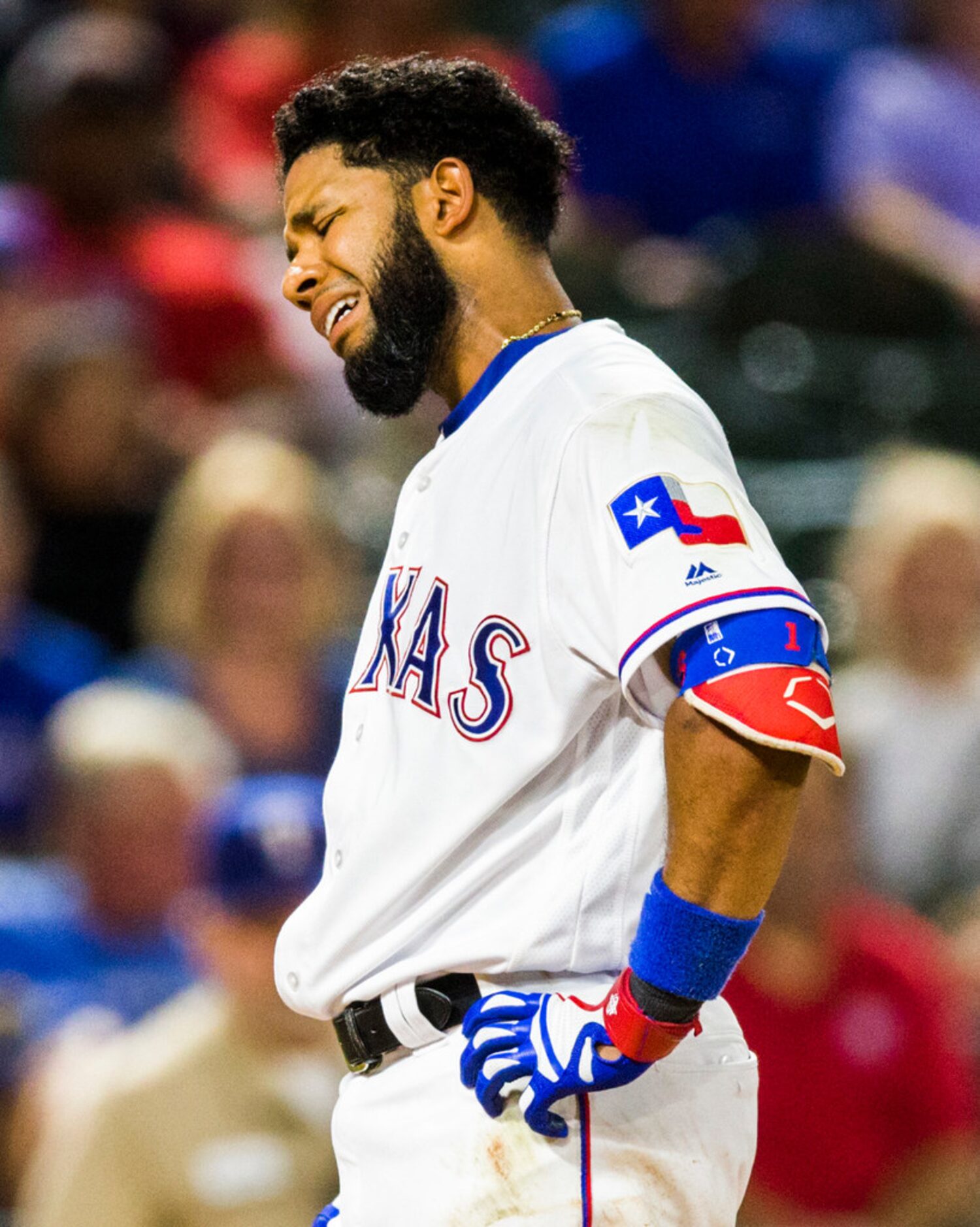 Texas Rangers shortstop Elvis Andrus (1) reacts to a strike call during the second inning of...