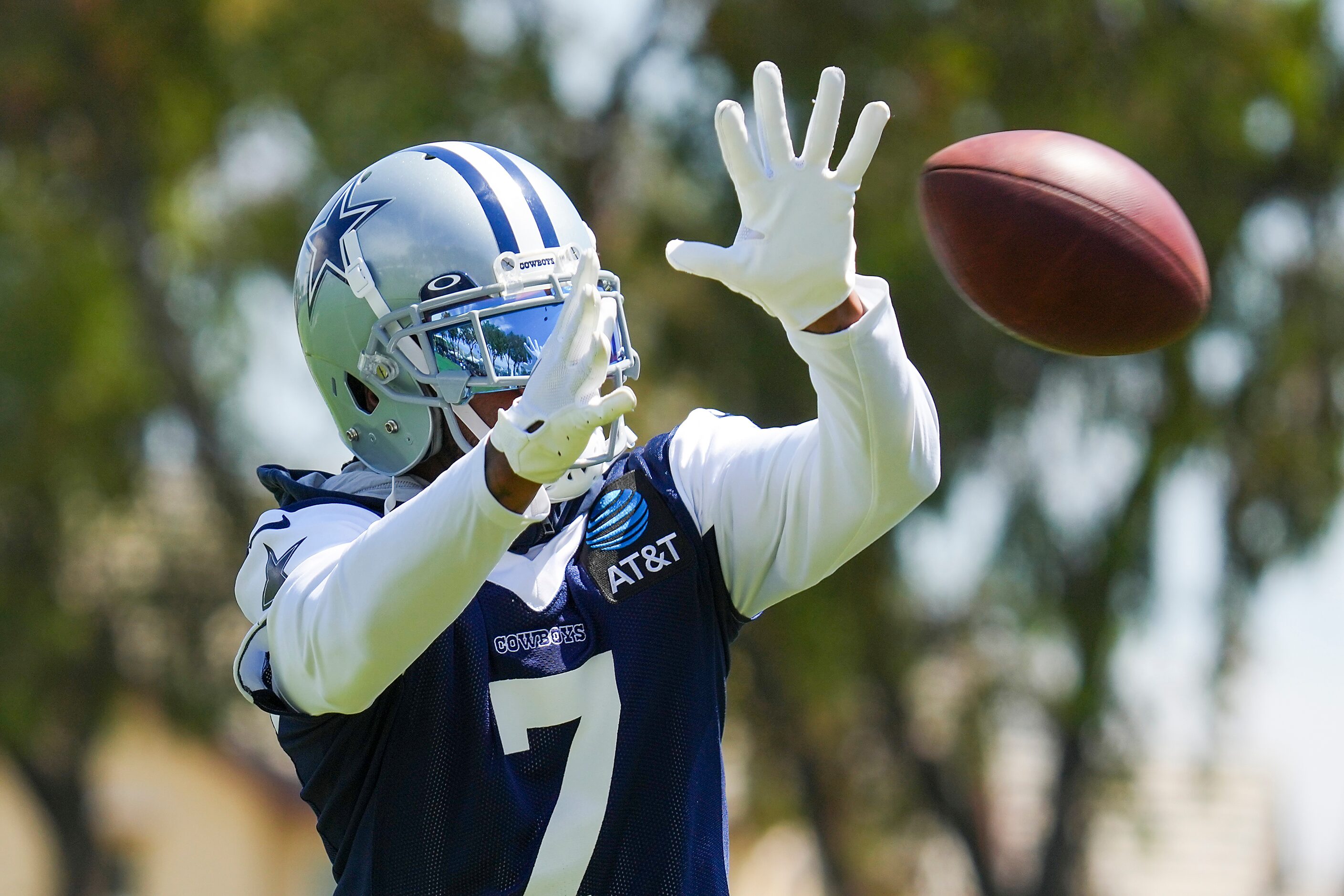 Dallas Cowboys cornerback Trevon Diggs catches the ball during the first practice of the...