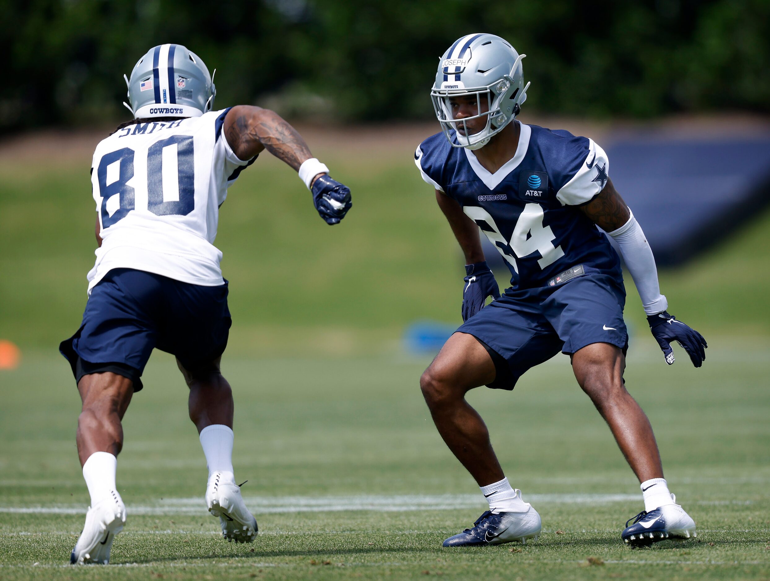 Dallas Cowboys rookie corner back Kelvin Joseph (24) covers rookie wide receiver Brandon...