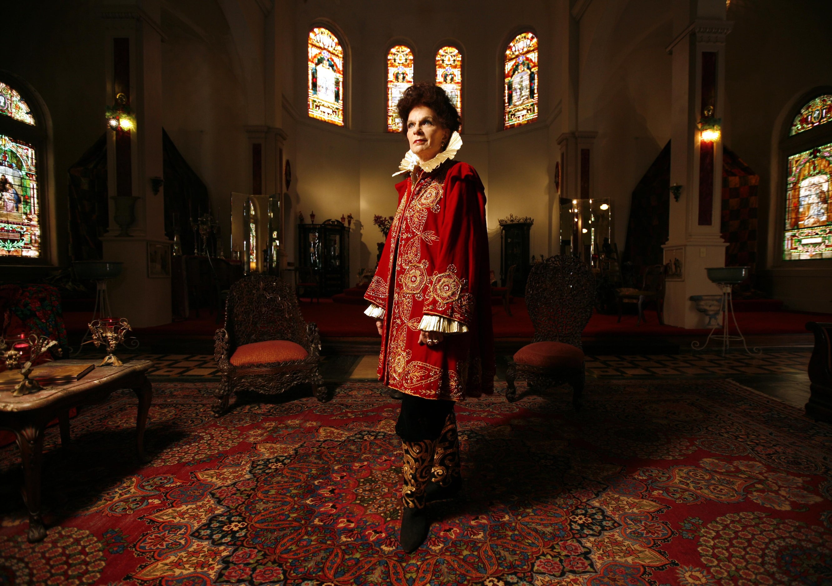 In this 2009 photo, actress Ronnie Claire Edwards dressed in a red velvet embroidered jacket...