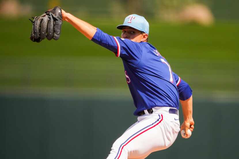Texas Rangers starting pitcher Jack Leiter throws against the Kansas City Royals during the...