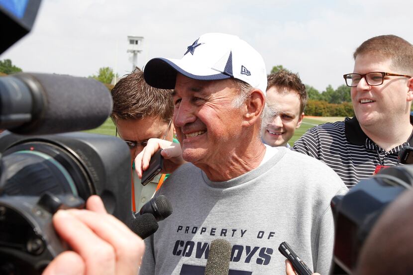Cowboys defensive coordinator Monte Kiffin talks with reporters after the rookie minicamp at...