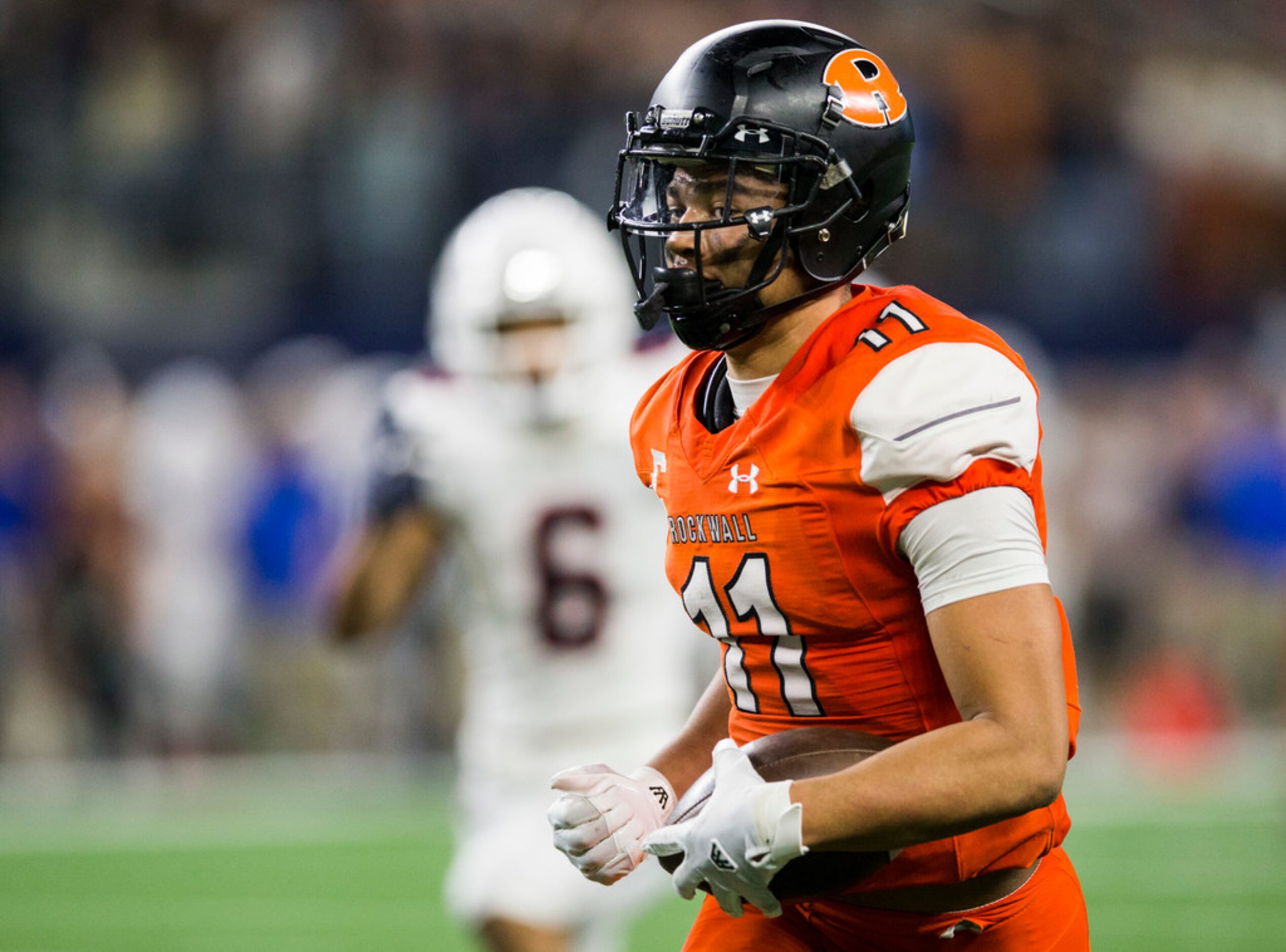 Rockwall wide receiver Jaxon Smith-Njigba (11) runs to the end zone for a touchdown during...