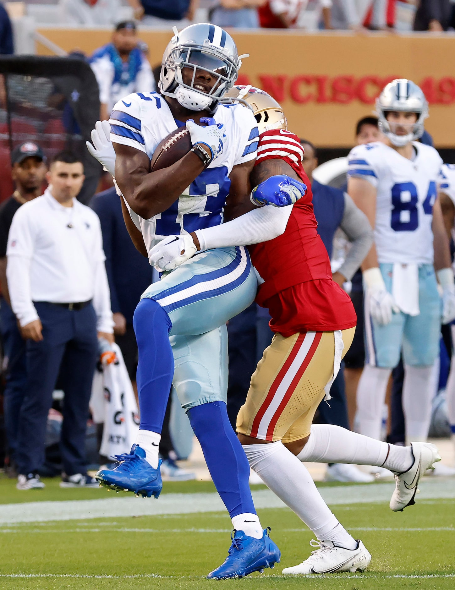 Dallas Cowboys wide receiver Michael Gallup (13) is hit by San Francisco 49ers cornerback...