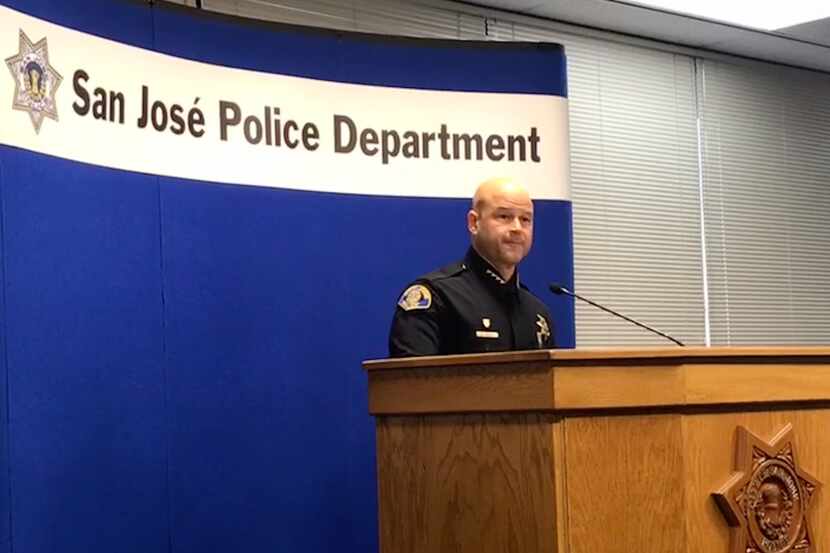 San Jose Police Chief Eddie Garcia tells a crowd of reporters on Friday that a San Jose...