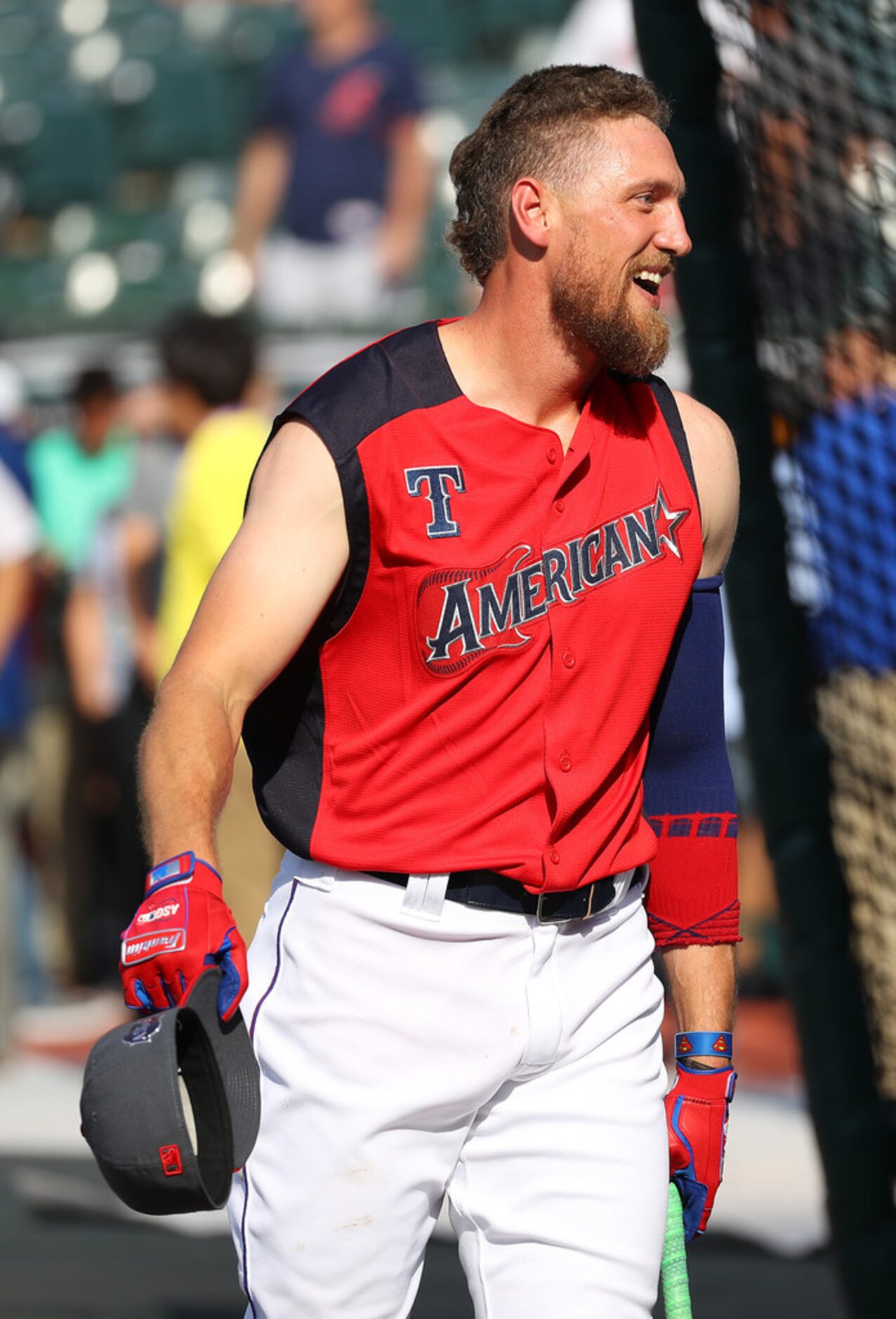 CLEVELAND, OHIO - JULY 09: Hunter Pence #24 of the Texas Rangers and the American League...